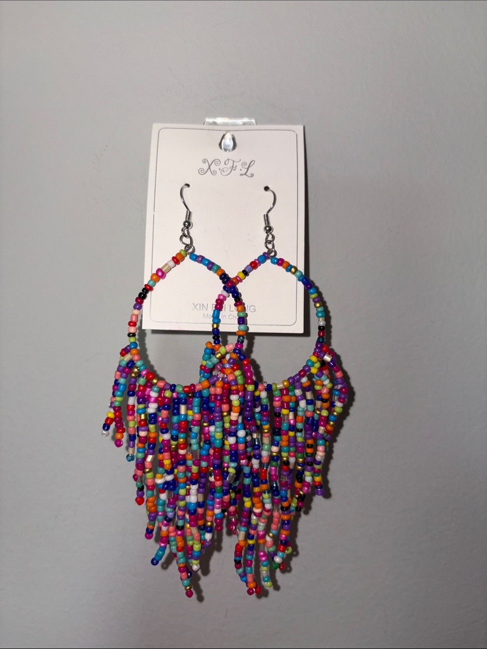 Colorful Multicolor Seed Beaded Fringe Hoop Earrings - Women Jewelry